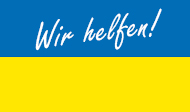 News- Bild: Ukrainische Flagge, auf welcher der Slogan "Wir helfen!" steht